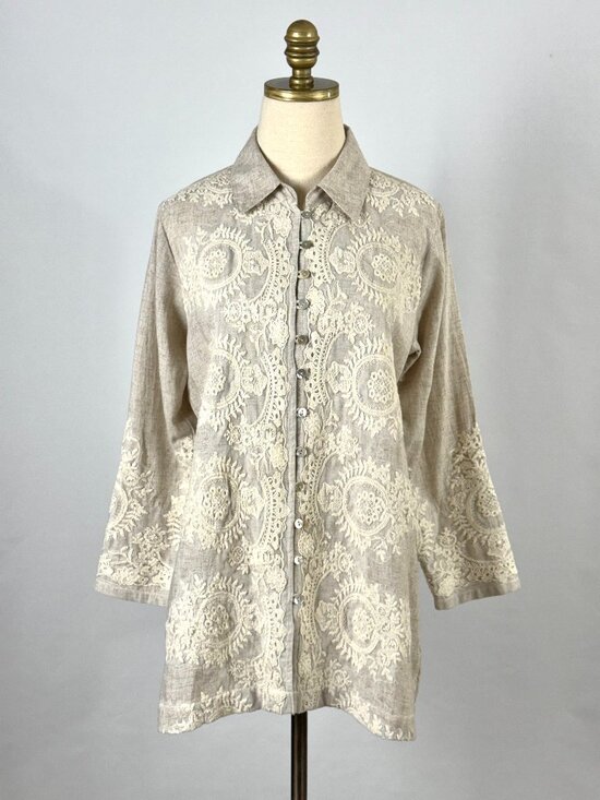 Tops - Soft Surroundings Embroidered Lace Button Down Tunic Linen Rayon Beige Relaxed